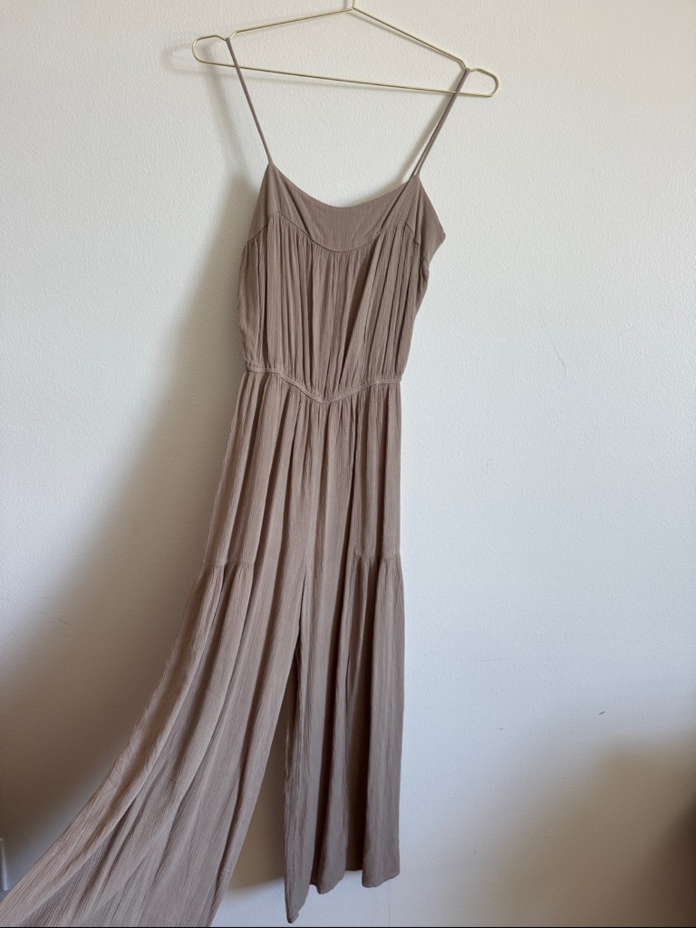 Sleeveless Flowy Spaghetti-Strap Jumpsuit in Taupe